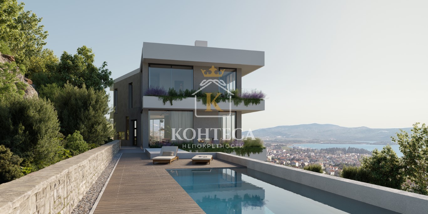 Modern three-story villa with a panoramic view of the sea